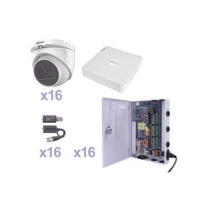 KIT TurboHD 1080p Lite / DVR 16 Canales / 16 Cámaras Eyeball Exterior ( 2.8mm) / Transceptores / Conectores / Fuente de Poder Profesional