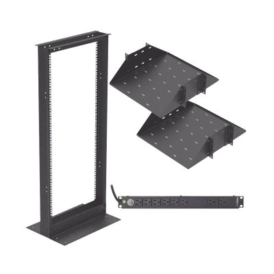 Kit de Rack Estándar 19", 24 UR con 2 Charolas y PDU (8 tomas). Ideal para UPS y Servidores tipo Torre.