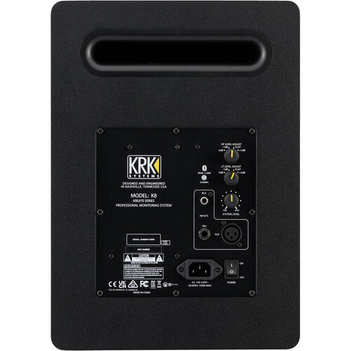 Panel trasero del KRK CLASSIC 8 K8-NA mostrando entradas de audio profesionales y controles de ajuste de sala.