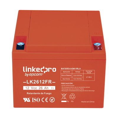 Batería 12 V / 26 Ah / UL / Tecnología AGM-VRLA / Vida útil promedio de 5 años / Retardante a la Flama / Para uso en equipo electrónico, Alarmas de Intrusión / Incendio/ Control de acceso / Video Vigilancia / Term