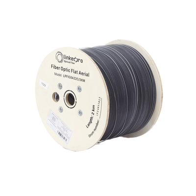 Carrete de 2 km de Fibra Óptica Aérea Mini Figura 8 G.657A2 tipo Drop Plana, Monomodo de 2 Hilos (bifibra), Color Negro, (No Soporta Conectores Mecánicos)