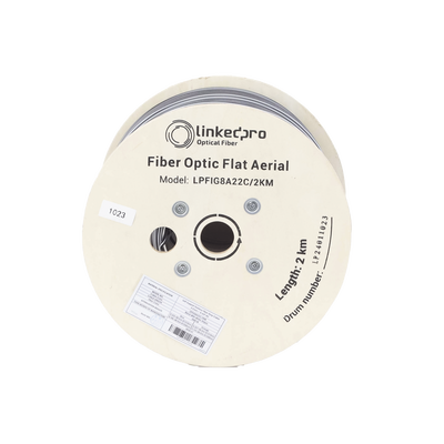 Carrete de 2 km de Fibra Óptica Aérea Mini Figura 8 G.657A2 tipo Drop Plana, Monomodo de 2 Hilos (bifibra), Color Negro, (No Soporta Conectores Mecánicos)