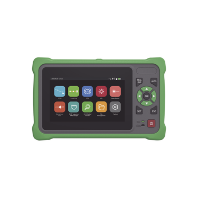 OTDR Touch para Pruebas en los Enlaces de Fibra Óptica / Longitudes de onda 1310nm y 1550nm / Función VFL 10mW / Función OPM / Función de Mapeo de cables de Red RJ45 / Recargable / Distancia de prueba de hasta 260km