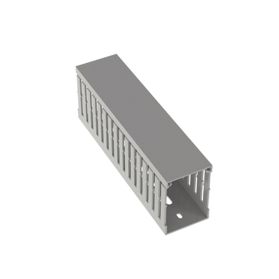 CANALETA RANURADA DE PVC CON TAPA, TIPO F, 49.5 MM DE ANCHO, 72.4 MM DE ALTO Y 2 M DE LARGO, COLOR GRIS