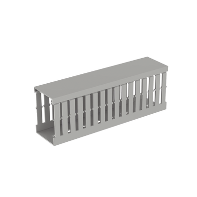 CANALETA RANURADA DE PVC CON TAPA, TIPO F, 49.5 MM DE ANCHO, 72.4 MM DE ALTO Y 2 M DE LARGO, COLOR GRIS