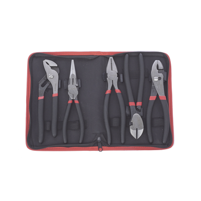 Juego de 5 Pinzas de 8" con Estuche. Incluye: P. Mecánica, P. para Tubo, P. Eléctrica, P. Corte, Nariz Larga.