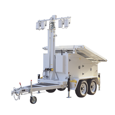 Traila / Remolque de Doble Eje con Mástil Retráctil de 7.5 m. para Videovigilancia o Iluminación, con Bases para Instalar Paneles Solares y Baterías (No incluidos)