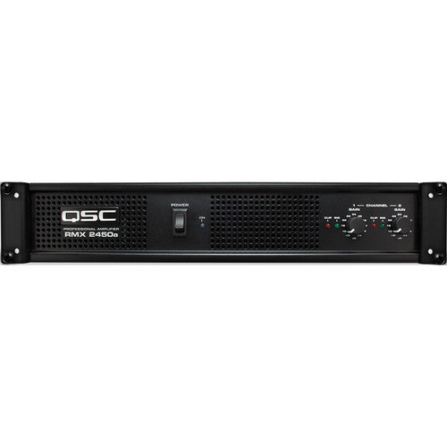 Amplificador de potencia profesional QSC RMX 2450a vista frontal con controles de volumen y chasis de rack