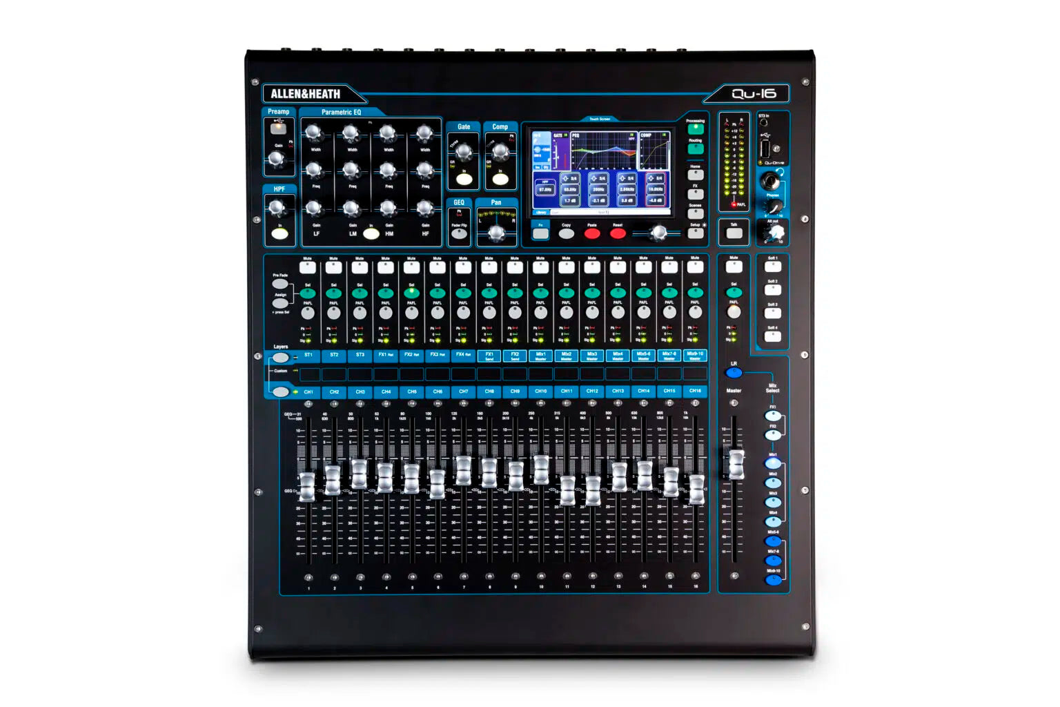 ALLEN & HEATH Qu-16 Mezclador digital compacto de 16 Entradas Mono (TRS + XLR) • 12 Salidas en XLR • 3 Entradas Estéreo (TRS)