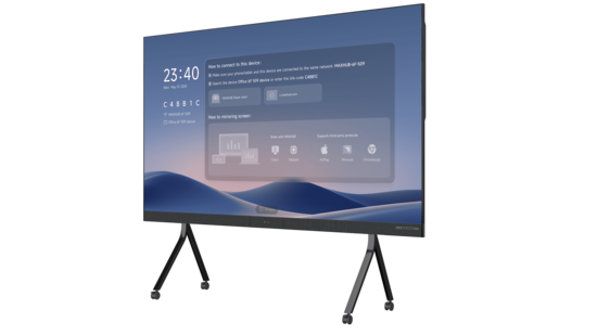 Pantalla LED Maxhub LX120V07 de 120 pulgadas All-in-One para salas de juntas, diseño ultra delgado sin bordes con sistema de audio integrado.
