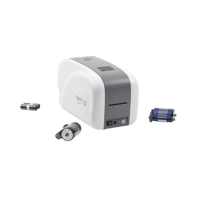 Kit Impresora de tarjetas PVC/ Una Cara /incluye: 2 x Ribbons, 100 Tarjetas PVC, Software, Kit Limpieza, Garantia 3 Años, Mascara de Seguridad UV