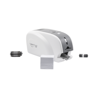 Kit Impresora de tarjetas PVC/ Una Cara /incluye: 2 x Ribbons, 100 Tarjetas PVC, Software, Kit Limpieza, Garantia 3 Años, Mascara de Seguridad UV