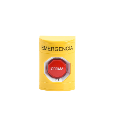 Botón de Emergencia en Español, Color Amarillo, Acción Mantenida, Girar para Restablecer y LED Multicolor