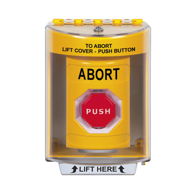 Botón de Abortar, Texto en Ingles, Tapa Protectora de Policarbonato Súper Resistente, Momentaneo