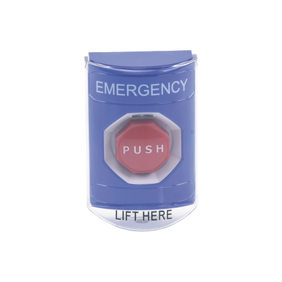 Botón Multipropósito, Color Azul, De Superficie, Con Tapa De Policarbonato, Con Bocina Pre Alarma, Para Interior, Llave Para Restablecer, Texto De Emergencia, Ingles