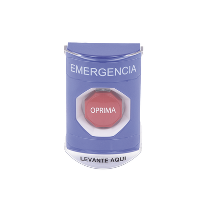 Botón Multipropósito, Color Azul, De Superficie, Con Tapa De Policarbonato, Con Bocina Pre Alarma, Solo Interior, Llave Para Restablecer, Texto De Emergencia, Español