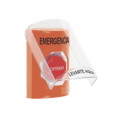 Botón Multipropósito, Color Naranja, De Superficie, Con Tapa De Policarbonato, Con Bocina Pre Alarma, Solo Interior, Llave Para Restablecer, Texto De Emergencia, Español