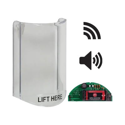 Cubierta Protectora De Policarbonato, Súper Resistente, Con Sonido, Con Transmisor Inalámbrico Para STI-V34104, Texto En Ingles, Para Botones Multiusos Serie Stopper® Station De STI
