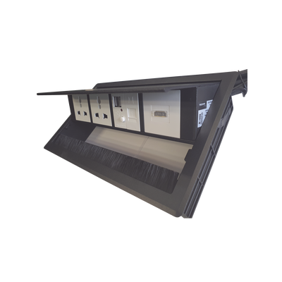 Caja Horizontal tipo Hub para escritorio color negro, con 1 Puerto HDMI Hembra-Hembra, 1 puerto RJ45 Cat6, 2 Puertos USB (Solo carga), y 2 Contactos eléctricos universales