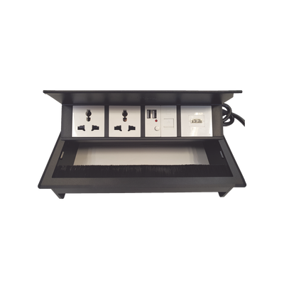 Caja Horizontal tipo Hub para escritorio color negro, con 1 Puerto HDMI Hembra-Hembra, 1 puerto RJ45 Cat6, 2 Puertos USB (Solo carga), y 2 Contactos eléctricos universales