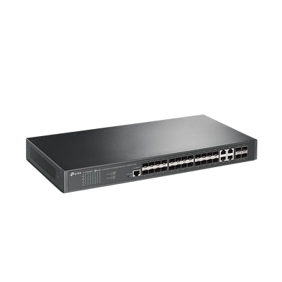 Switch de Fibra Óptica L2+ Omada / 24 puertos SFP 1GE / 4 Puertos Combinados SFP+/RJ45 Gigabit / 2 Puertos Consola RJ45|micro-SUB / Administración Centralizada Omada o Stand-Alone / Compatile con IPv6 / Multicast IGMP