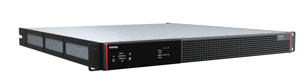BIAMP Voltera D 2400.4M Amplificador clase D y Controlador de altavoces DSP con Dante y AVB. de 4 canales 2400 Watts, 4 X 600W, 8 ohmms, y 70/100V.