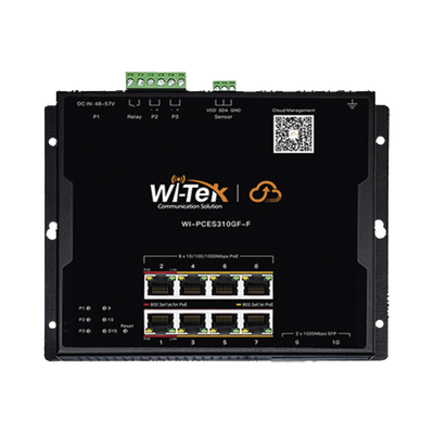 Switch L2 PoE Industrial / Administración Cloud Gratuita / 8 Puertos PoE af/at/bt 10/100/1000 Mbps / 2 Puertos SFP Gigabit / Máx Presupuesto PoE 145 W / Montaje Magnético - Riel DIN.