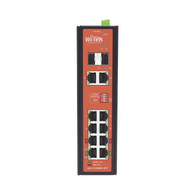 Switch PoE Industrial No administrable / Puertos 1-2 PoE 802.3 af/at y PoE 24 Vcc Pasivo 30W / Puertos 3-4 PoE 802.3 af/at/bt Hasta 60W / Puertos 5-8 PoE 802.3 af/at Hasta 30W / Los 8 puertos son Gigabit + 2 SFP combo / Presupuesto 300W