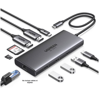 Docking Station USB-C Hub 10 en 1 UGREEN Revodok Pro 210 / Dual HDMI 4K 60Hz y 8K 30Hz / 3 Puertos USB-A + USB-C 3.0 / Carga PD 100W / Ethernet Gigabit 1000M / Lector Tarjetas SD y TF / Compatible Windows y macOS