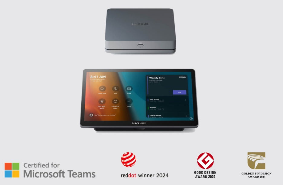 MAXHUB XCore Kit Pro es una solución para reuniones en Salas de Microsoft Teams diseñada para espacios de reuniones de medianos a grandes. Incluye un panel de control táctil y un mini PC con doble salida de pantalla y contenidos compartidos,