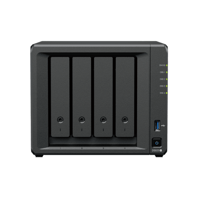 NAS DiskStation DS925+ | 4 Bahías | Expandible a 9 Bahías | 2 Puertos 2.5GbE | 2 Ranuras M.2 NVMe | AMD Ryzen V1500B | 4 GB DDR4 ECC | Hasta 565 MB/s Escritura Secuencial | Compatible con RAID | Synology DSM.