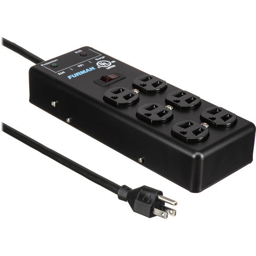 FURMAN SS-6BPRO Regleta de energía profesional y robusta, ideal para escenarios y estudios. Protección básica de picos y filtrado RFI/EMI para audio más limpio. Con 6 salidas, cable de 4.5m, switch de encendido iluminado y construcción metálica duradera