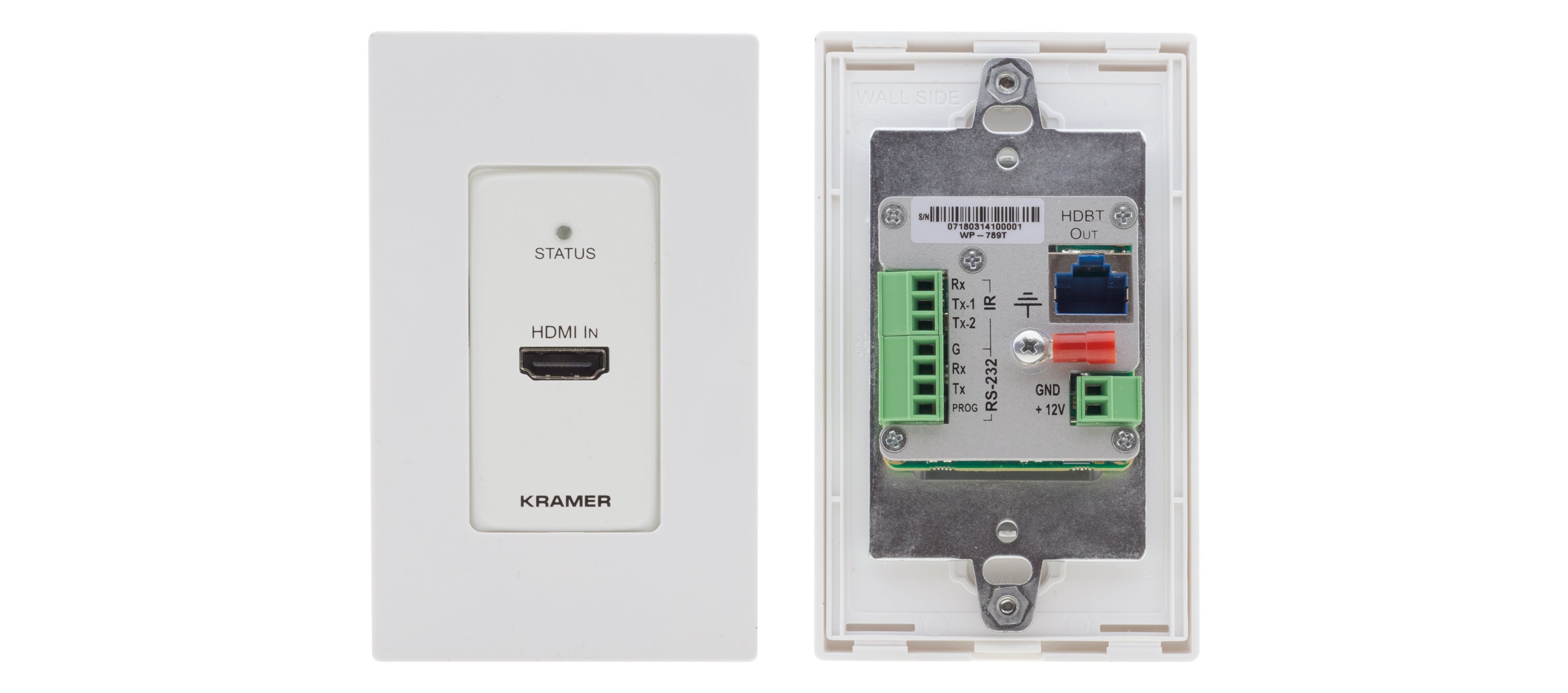 Kramer WP-789T WP-789T Transmisor de HDMI de 1 Gang en formato Wall plate con aceptador de PoE para señales 4K60 4: 2: 0 HDMI con RS — 232 e IR sobre HDBaseT de largo alcance