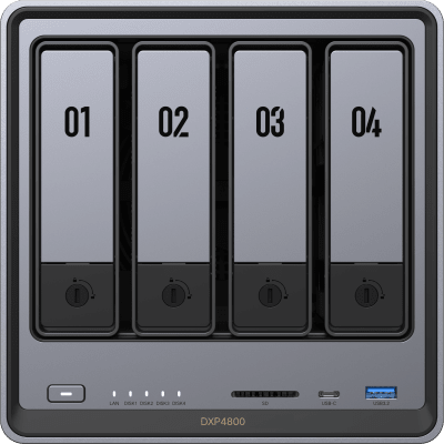 NASync DXP4800 | SO UGOS Pro | Intel N100 12th Gen Intel® Quad Core™ | 4-Bahias (SATA) hasta 96TB | 2* M.2 SSD hasta 16TB| 8GB DDR5 (Exp. a 16GB) | 2.5Gb Dual Ethernet | HDMI 4K | 2* USB2.0 | 1*USB 3.2Gen | 1* USB 3.2Gen2 | 1*USB-C 3.2Gen2 | SD