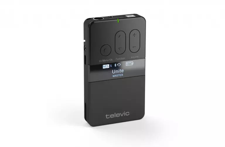 TELEVIC UNITE TP Transmisor de bolsillo optimizado para aplicaciones de visitas guiadas, interpretación multilingüe, intercomunicación y escucha asistida. Interfaz Bluetooth, envia y recibe audio desde un PC por puerto USB, Cuenta con micrófono interno