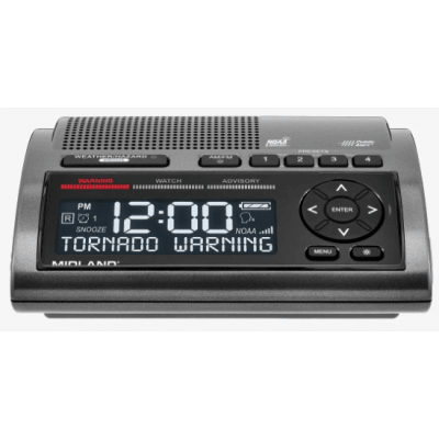 Radio de Alerta Meteorológica WR400 / 7 Canales NOAA y Environment Canada / Almacena 10 Alertas / Sirena de 85 dB / Reloj Dual con Alarma / Carga USB / Certificado Public Alert
