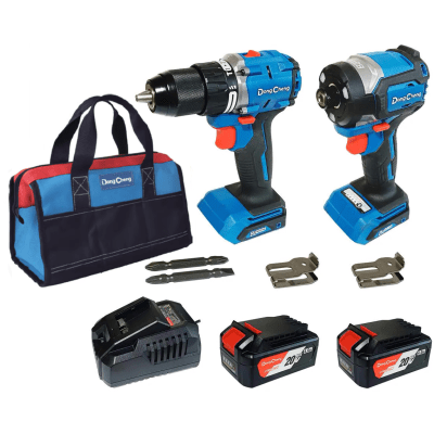 Kit Herramienta Taladro más Atornillador 20V, incluye cargador, 2 Baterías y Bolsa para Transporte.