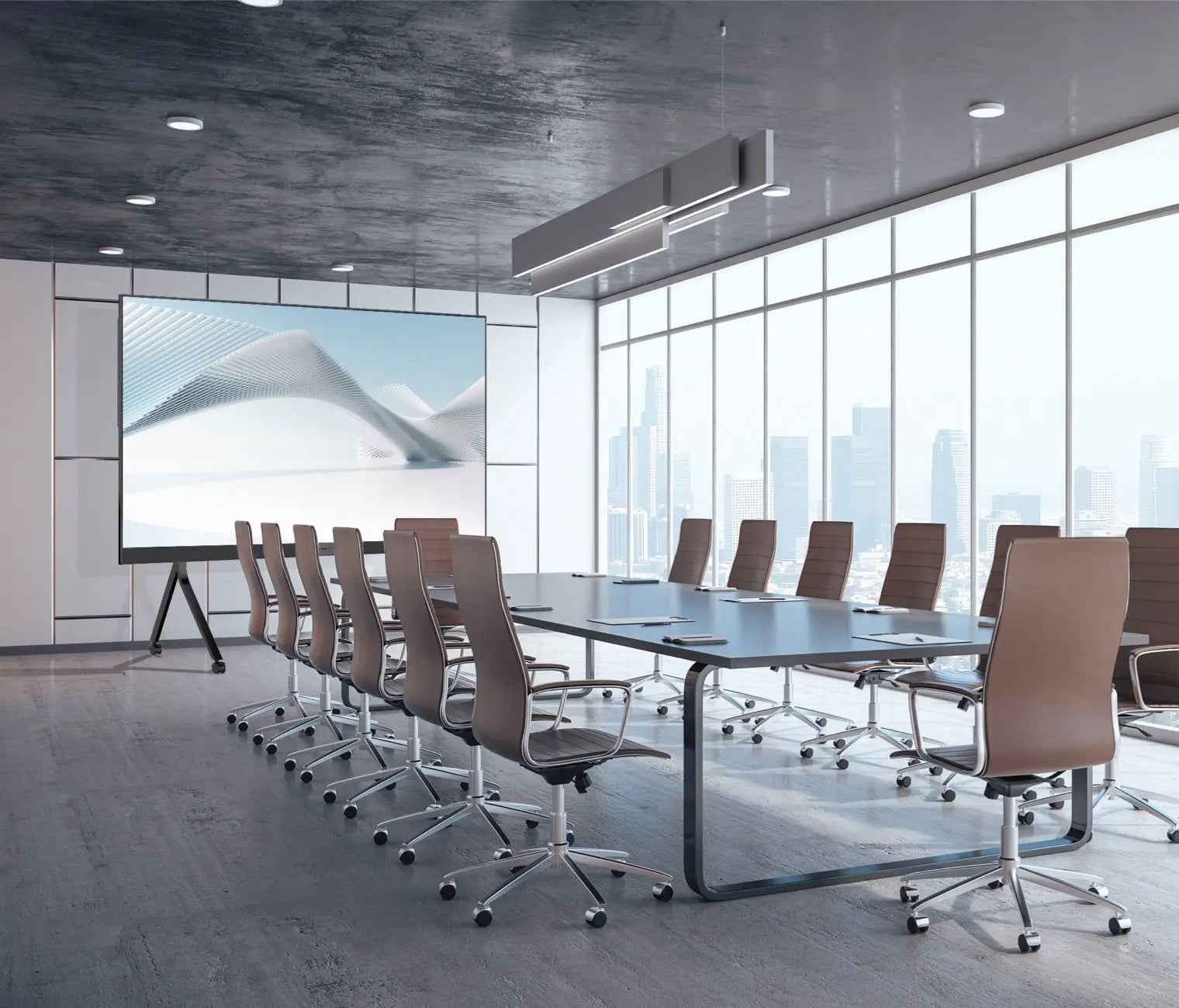 Video Wall Maxhub LX120V07 instalado en una sala de conferencias moderna mostrando una videollamada y gráficos corporativos.