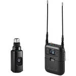 Kit de sistema inalámbrico portátil Shure SLXD35+ mostrando el receptor para cámara SLXD5 y el transmisor enchufable plug-on SLXD3+ en bandas unificadas G57 y G58.