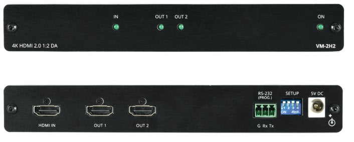 KRAMER VM-2H2 Distribuidores Amplificadores de HDMI 1 entrada HDMI 2 salidas. Resolución — Hasta 4K@60Hz (4:4:4) Ancho de Banda — Hasta 17.82Gbps Conforme a — HDR10, HDMI 2.0, HDCP 2.2 Gestión sencilla e inteligente del EDID