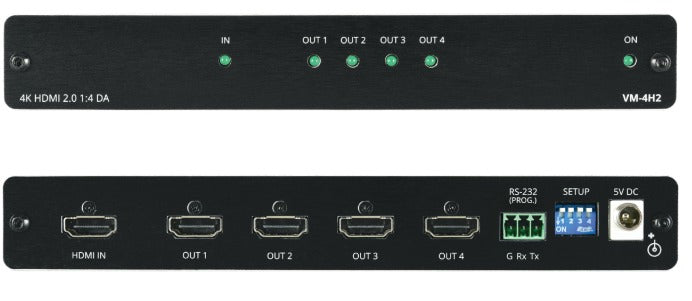 KRAMER VM-4H2 Distribuidores Amplificador de HDMI 1 entrada HDMI 4 salidas. Resolución — Hasta 4K@60Hz (4:4:4) Ancho de Banda — Hasta 17.82Gbps Conforme a — HDR10, HDMI 2.0, HDCP 2.2 Gestión sencilla e inteligente del EDID