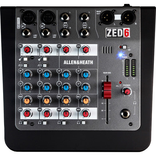 ALLEN & HEATH ZED-6 Mezclador analógico de 6 entradas2 entradas de guitarra de alta impedanciaEQ de 2 bandas/HPF en por canalMonitoreo de señal