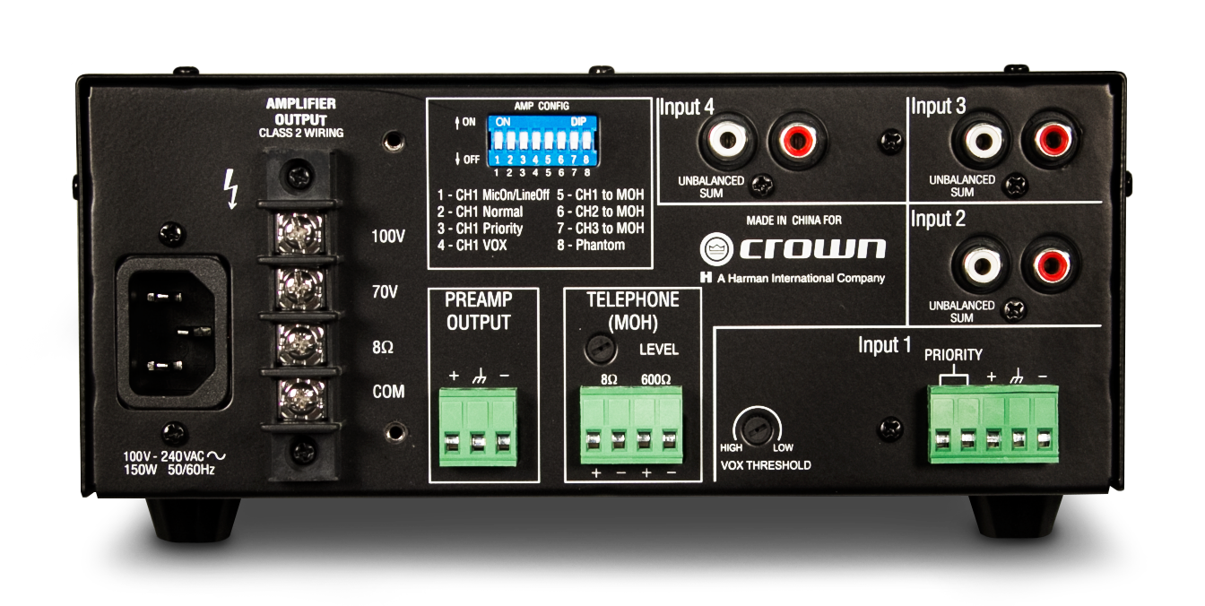 CROWN 160MA Amplificador mezclador 4 entradas, 1 salida a 60W. 4 Ω, Linea 70 V y 100 V