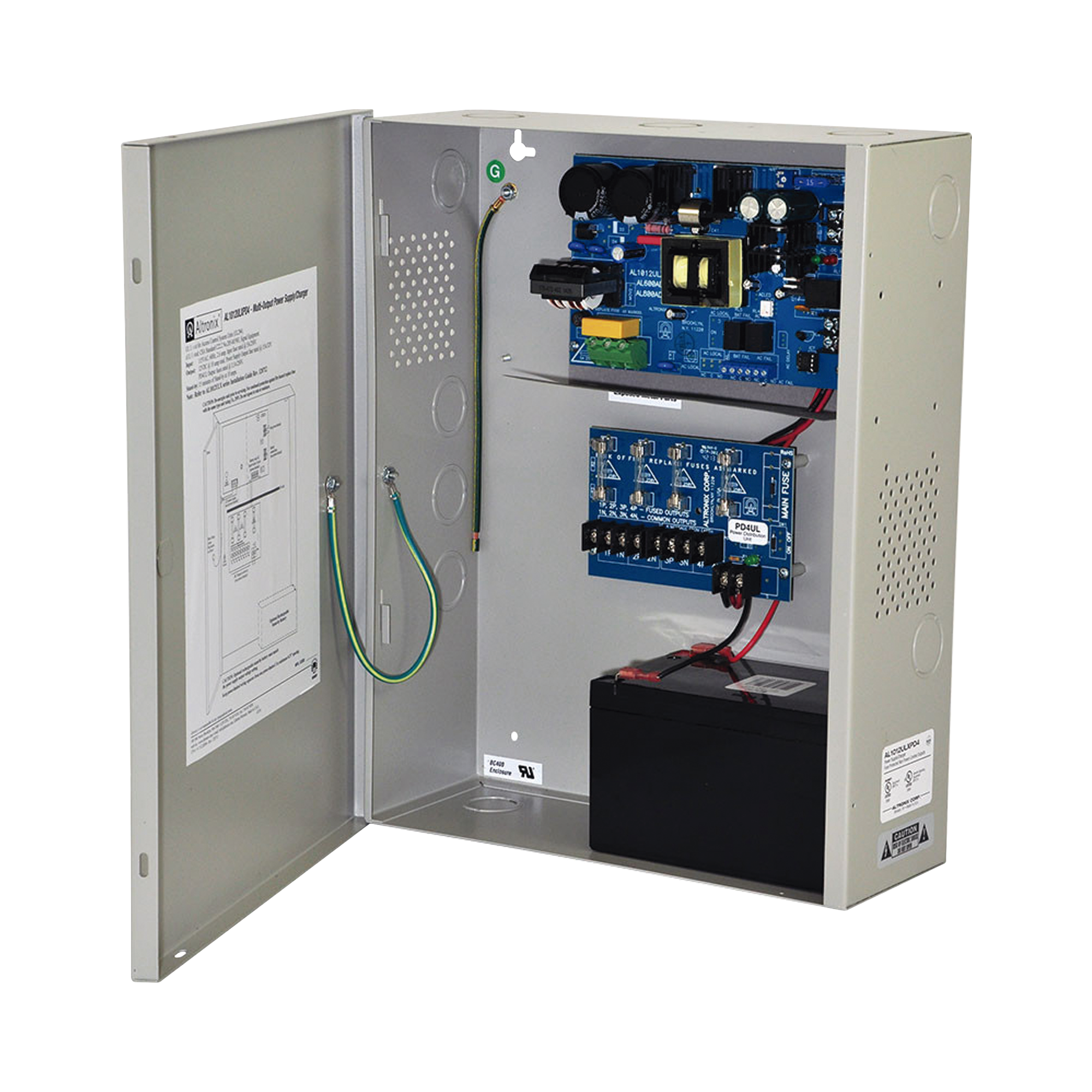 Fuente de poder UL de 4 salidas / Con capacidad de batería de respaldo / Requieren baterías / 12VCD a 10A Continuos