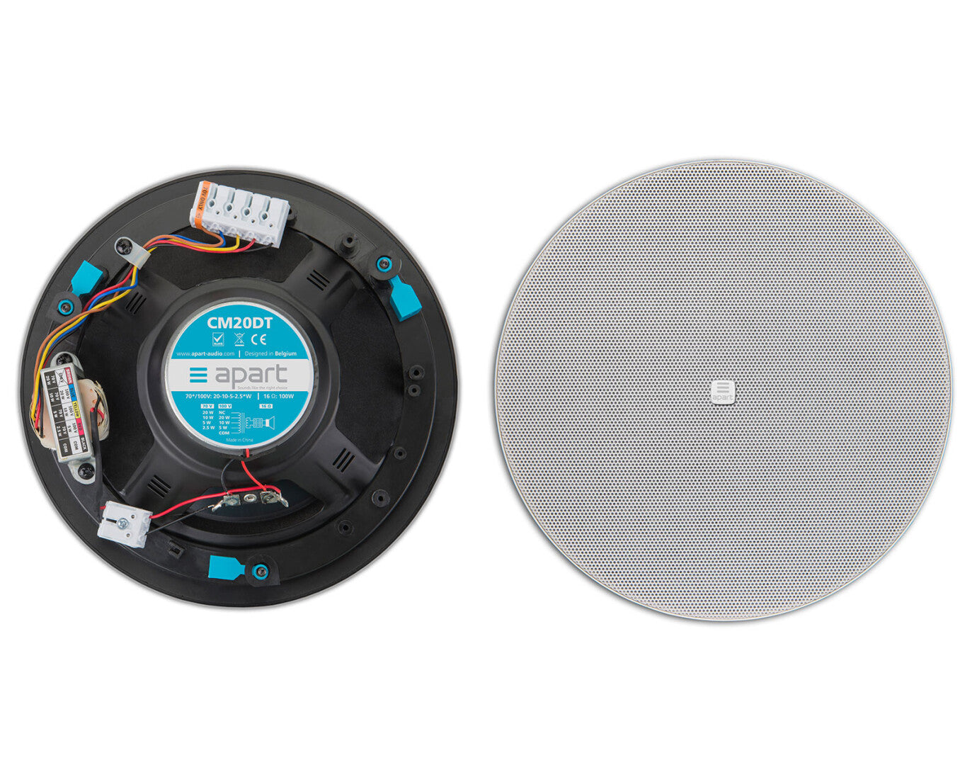 BIAMP CM20DT Altavoz de techo sin bote de 6.5" dos vías.Línea 70-100V de 20W, 10W y 5W, 16Ω 60W IP50. Color blanco con logotipo extraíble.Par.
