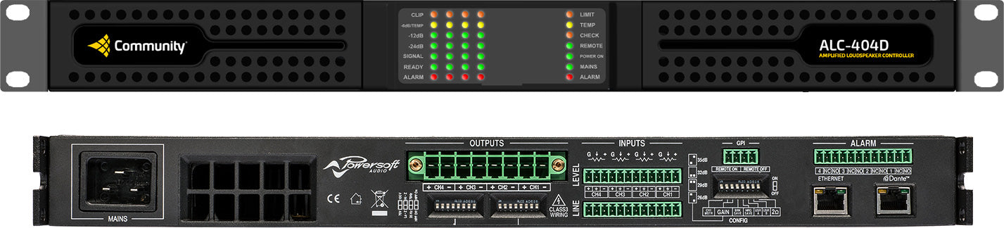 BIAMP Community ALC-404D Amplificador Controlador de altavoces de 4 canales x 400 W con DSP y Dante