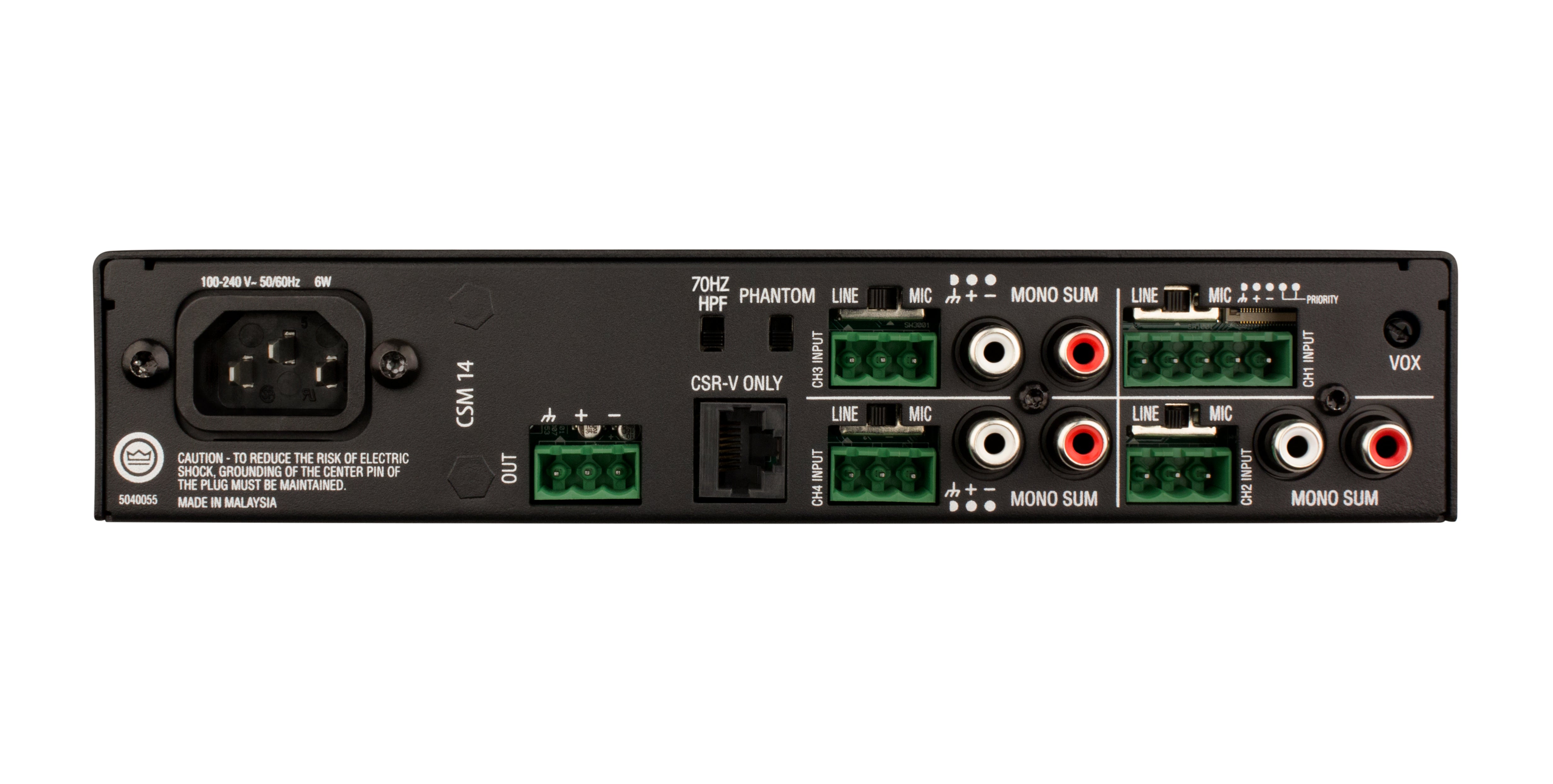 JBL CSM 14 Mezclador serie comercial 4 Entradas 1 Salida Conectores de entrada RCA/Euroblock Controles de graves y agudos Prioridad de silenciamiento