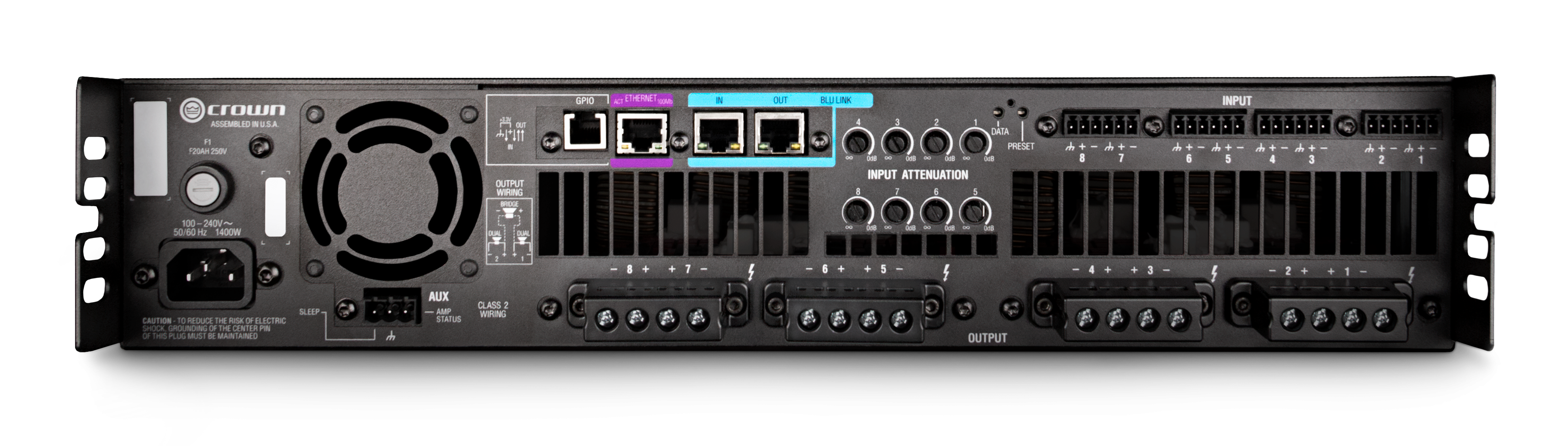 CROWN DCi 8|300N Amplificador de potencia de 8 canales, 300 W a 4 Ω con enlace BLU, 70 V/100 V