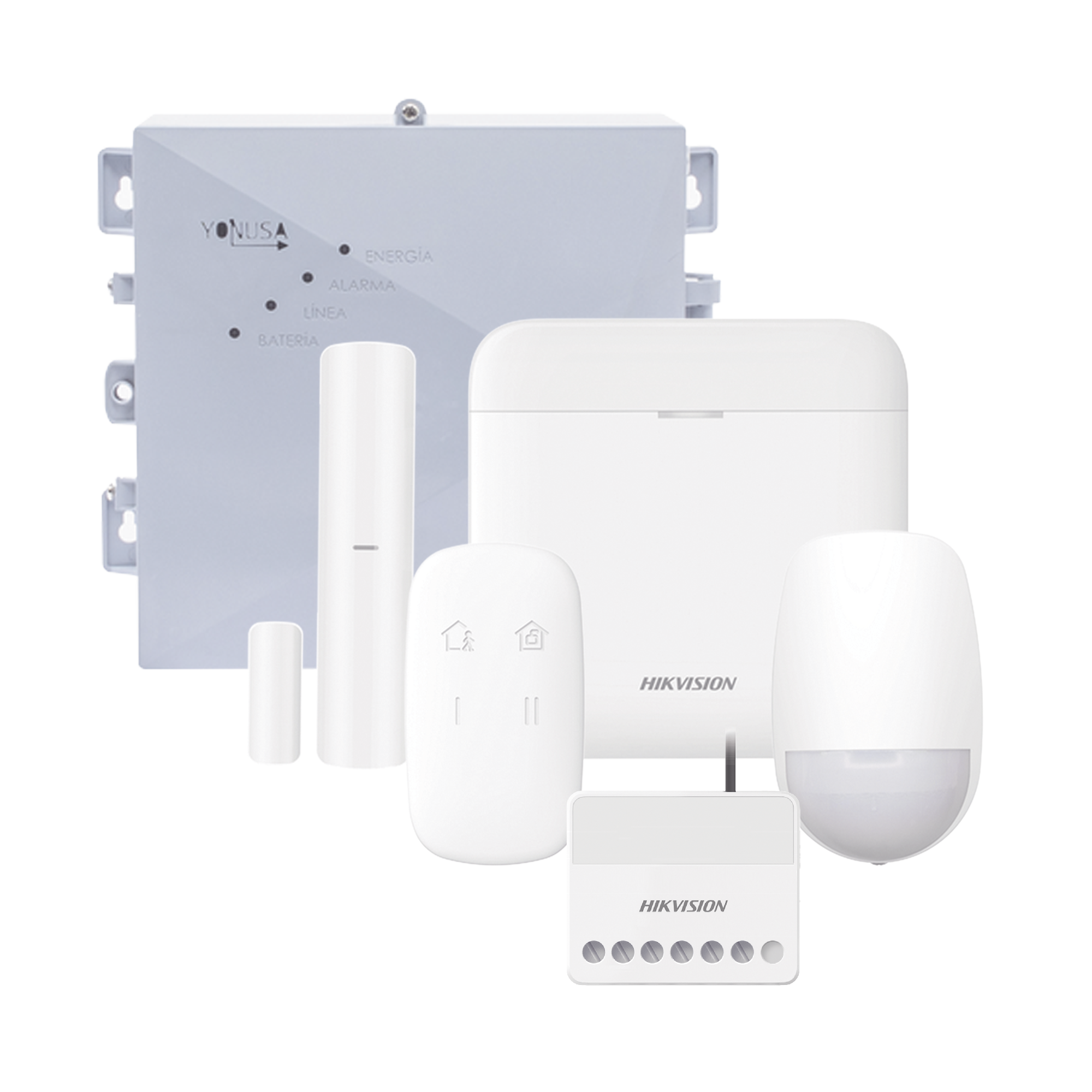 (AX PRO + YONUSA) KIT de Alarma AX PRO / Incluye: 1 Hub con bateria de respaldo / 1 Energizador 2500Mts Lineales / 1 Relevador 0 a 36 Vcc (Max. 5 A) con Entrada de Alarma 27/7 / 1 Keyfob / 1 PIR Interior / 1 Magnético