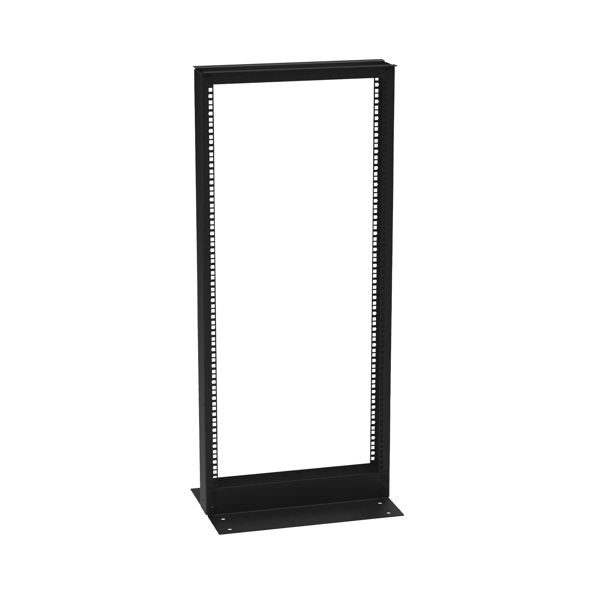 Rack de 2 Postes (Doble Perforación), Estándar 19", 24 Unidades, Fabricado en Acero, Base "L" para Anclar a Piso.